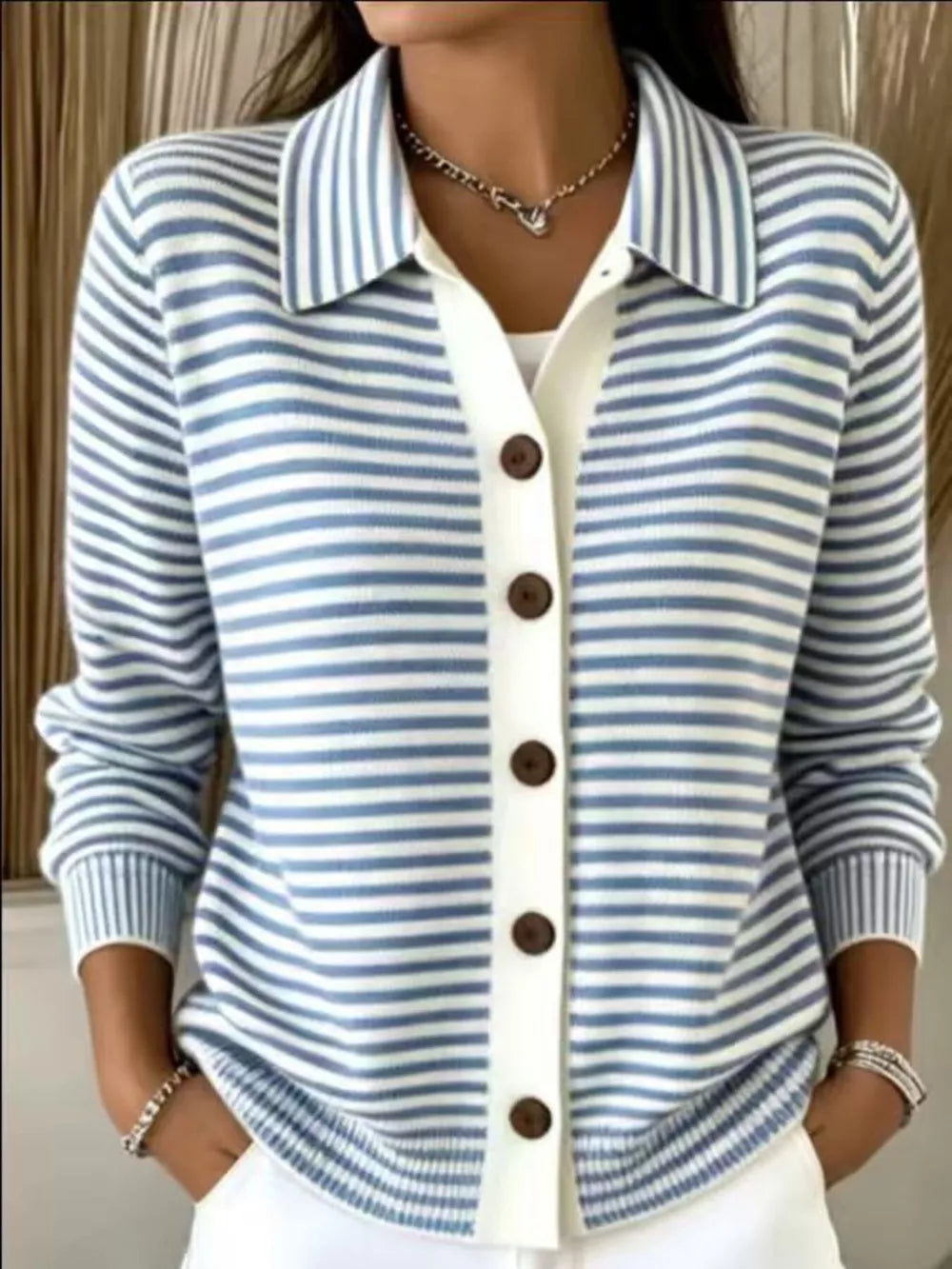 light blue cardigan with striped and collared