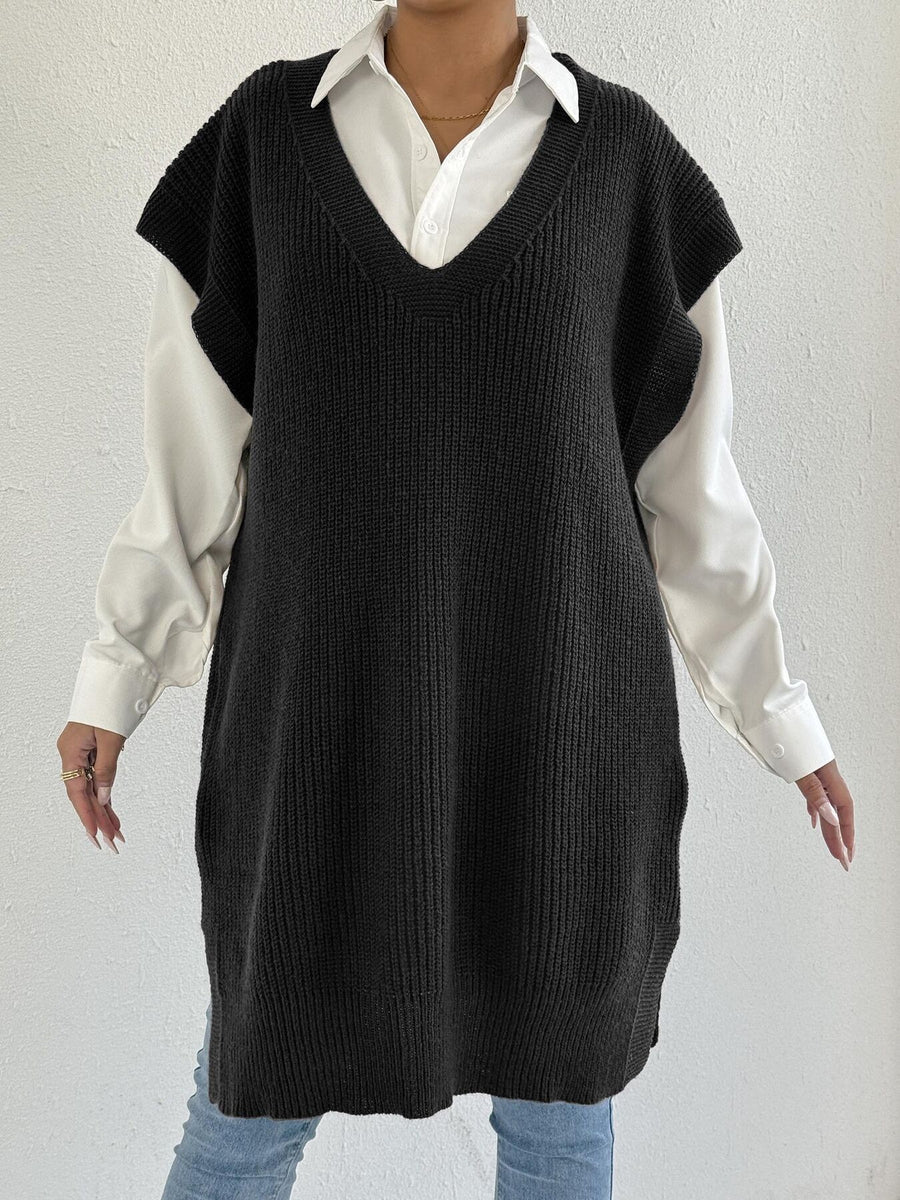 Coffee sweater vest with tunic-length and pullover