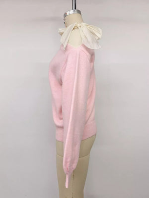 One Shoulder Bow Detail Sweater in Pink, view 11