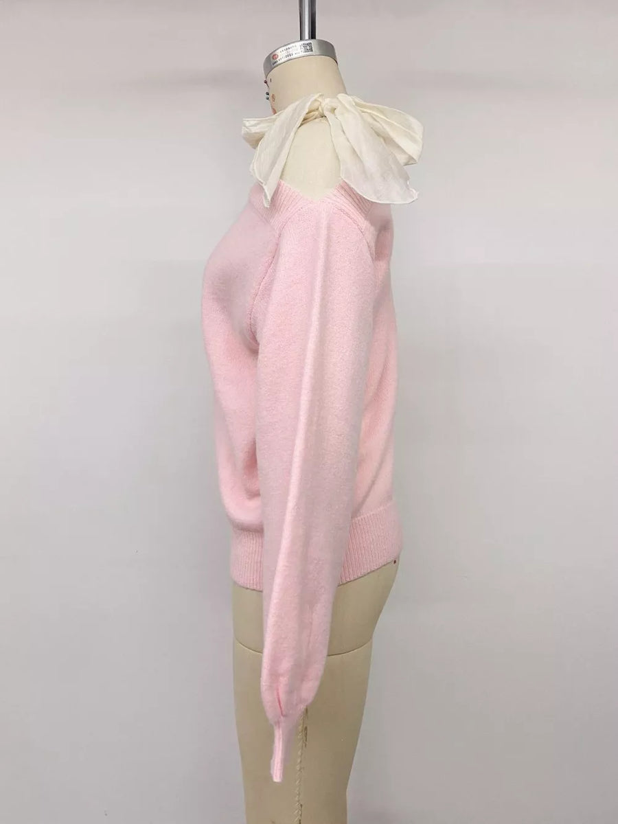 One Shoulder Bow Detail Sweater in Pink, view 11