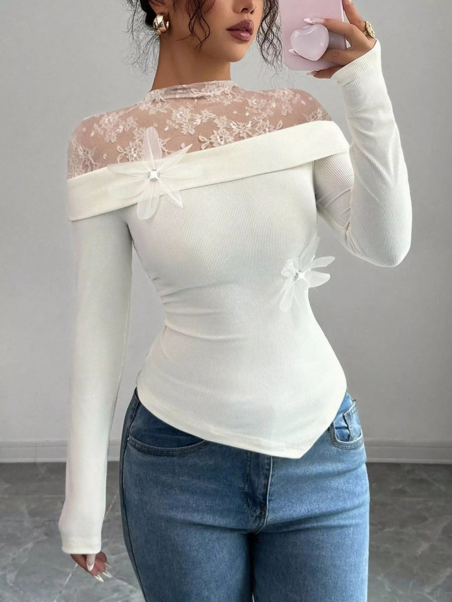 White lace detail long-sleeve bodysuit with off-shoulder neckline and floral embellishments.