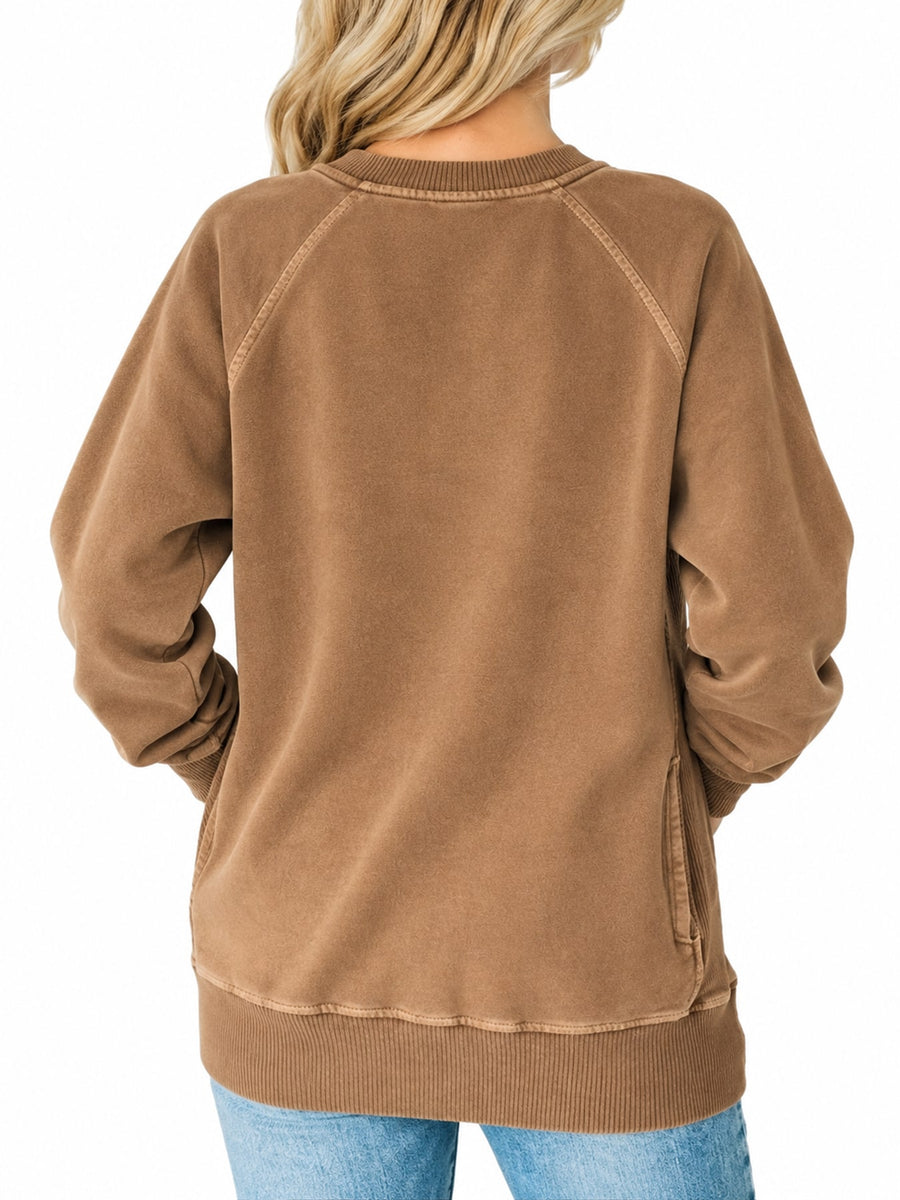Crew Neck Raglan Sleeve Sweatshirt in Charcoal with ribbed