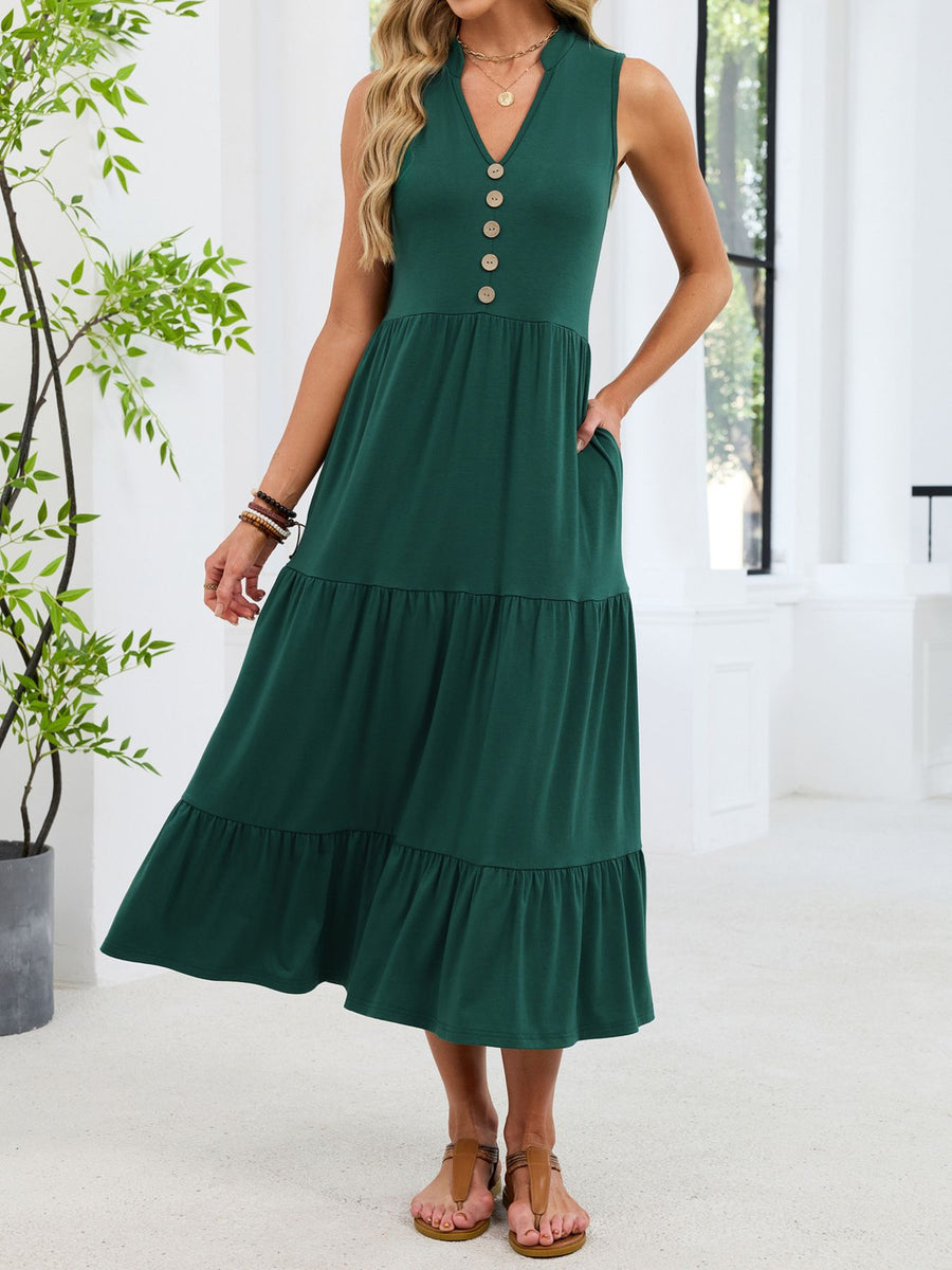 Dark Green tiered midi dress with notched V-neck and decorative buttons, sleeveless.