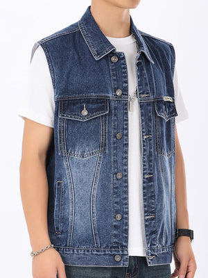 Men's vintage washed denim vest with button-down front and chest pockets.