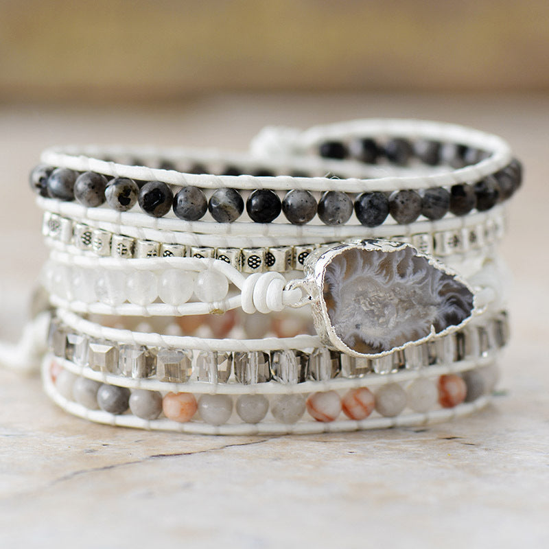 Wrap-around geode stone bracelet with white leather and mixed beads.