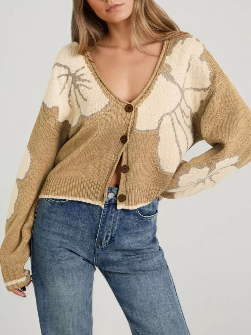 cream cardigan with floral and v-neck