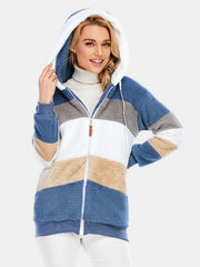 Teddy fleece zip-up hoodie in colorblocked dusty blue, tan, white, and grey with a white sherpa lining.