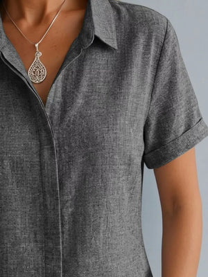 Khaki Full Size Collared Short Sleeve Shirt Plus Size