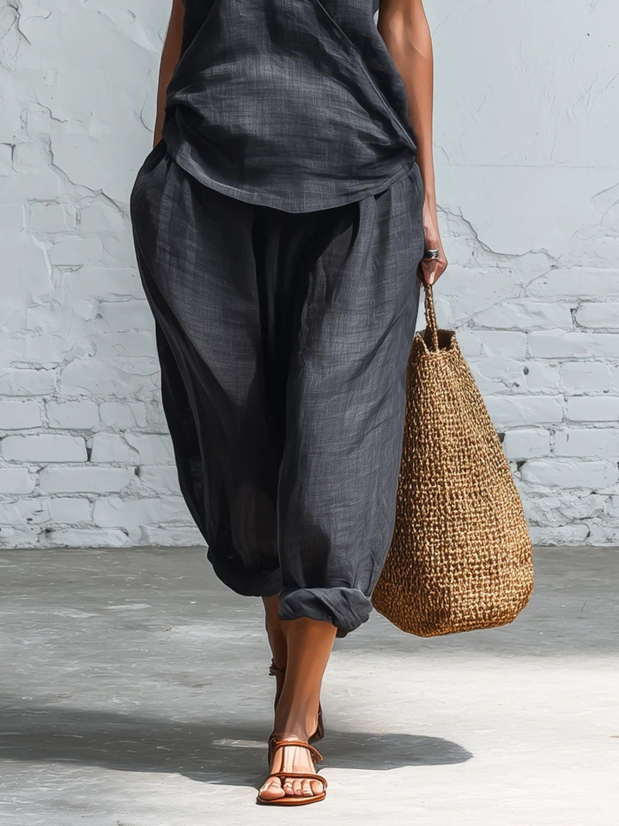 bohemian two-piece set in Dark Gray with collared, deep v-neck