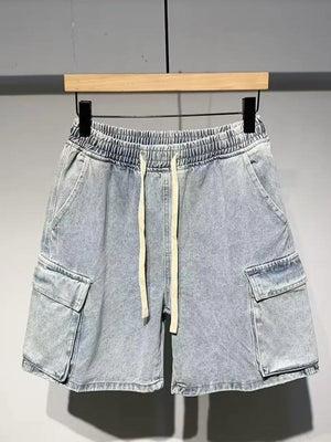 Light blue denim cargo shorts with elastic waist and drawstring