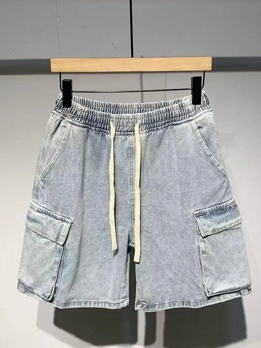 Light blue denim cargo shorts with elastic waist and drawstring