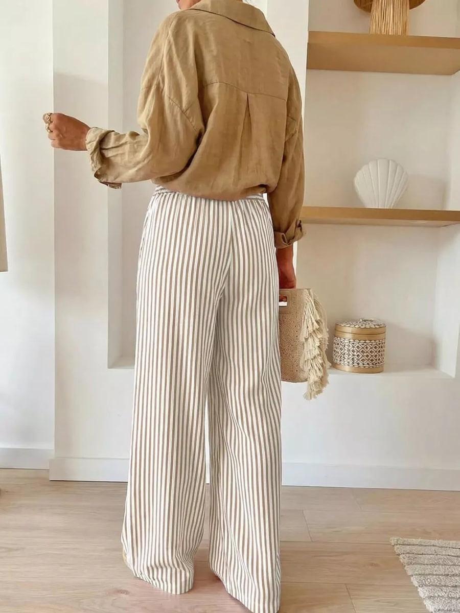 Grey wide-leg pants with full-length and drawstring