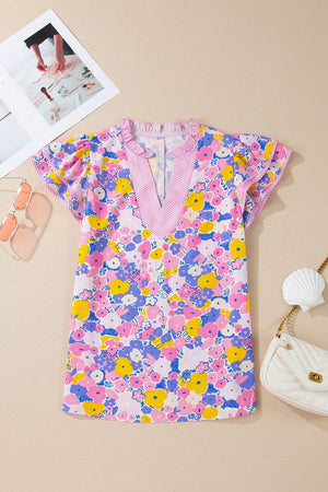 Floral Print Striped Color Block V Neck Blouse option 3