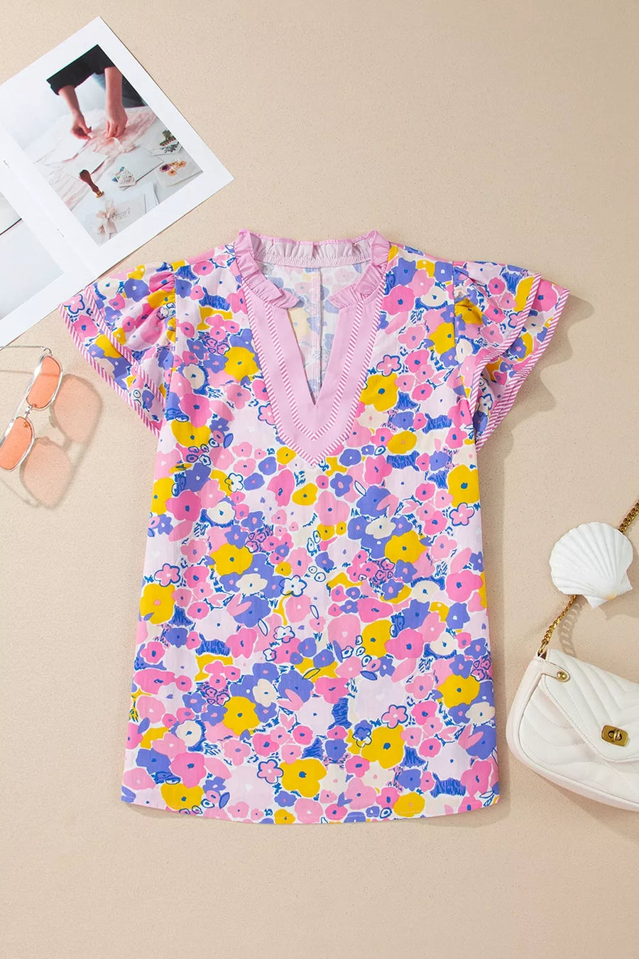 Floral Print Striped Color Block V Neck Blouse option 3