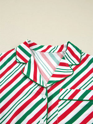 Velvet Ribbon Knot Pajama Set top with red, green, and white stripes and piped collar.