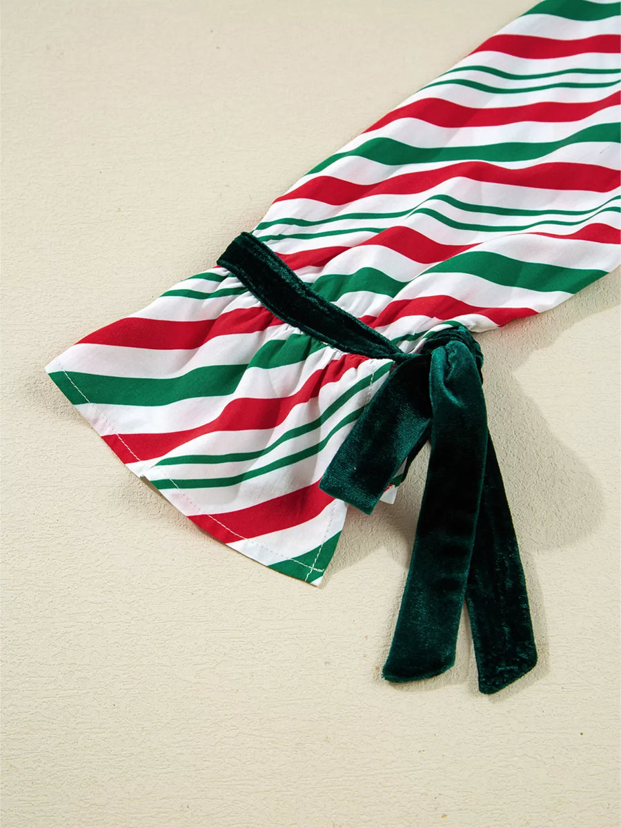 Velvet Ribbon Knot Pajama Set in Stripe pattern, featuring a ruffled sleeve detail with a dark green velvet ribbon tie.