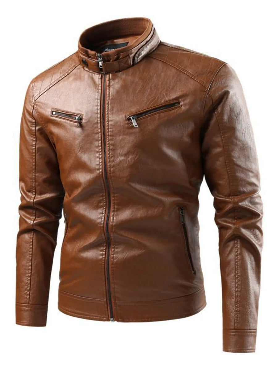 Men's plus-size brown faux leather moto jacket with zip-up front and zippered pockets.