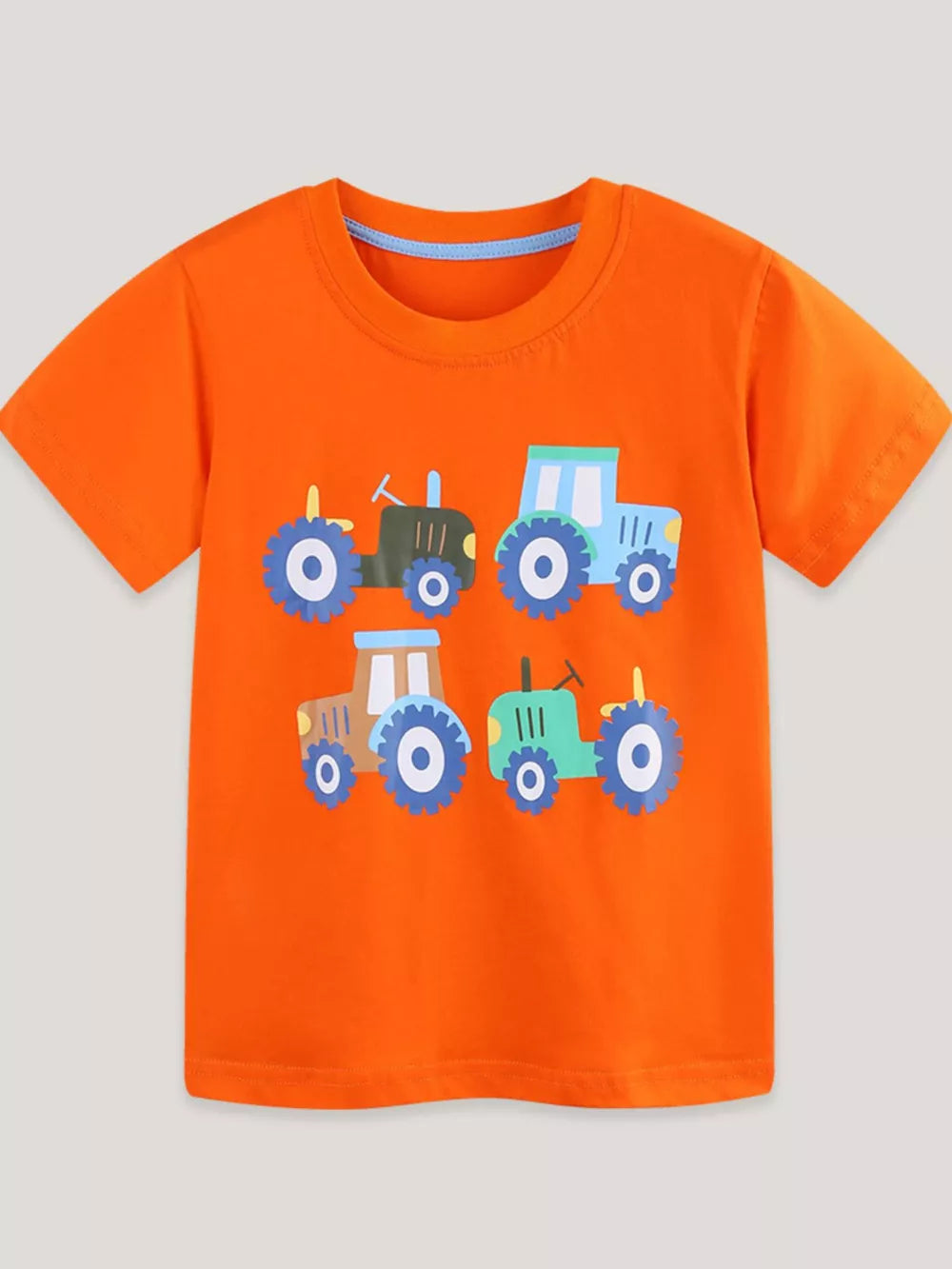 Orange cotton crew neck t-shirt with a charming tractor print for toddlers.