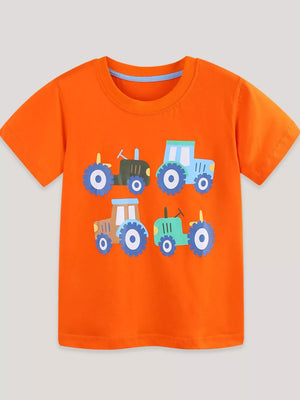 Orange cotton crew neck t-shirt with a charming tractor print for toddlers.