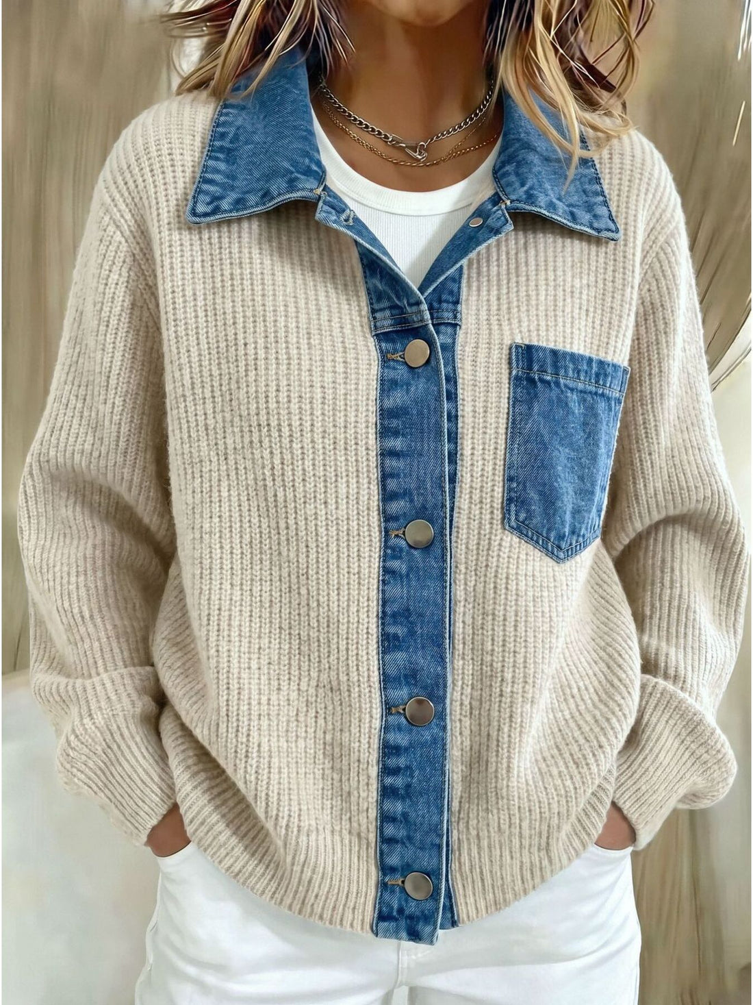oatmeal cardigan with color-block and collared