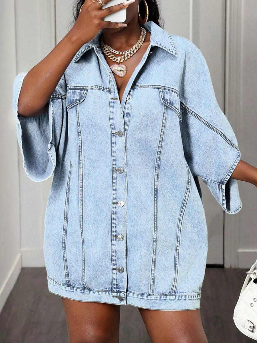 Sky blue denim batwing top with button front and wide sleeves