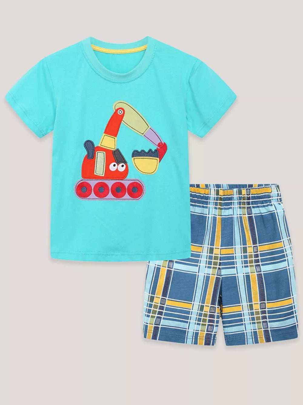 Turquoise t-shirt with excavator graphic and blue plaid shorts set for boys.