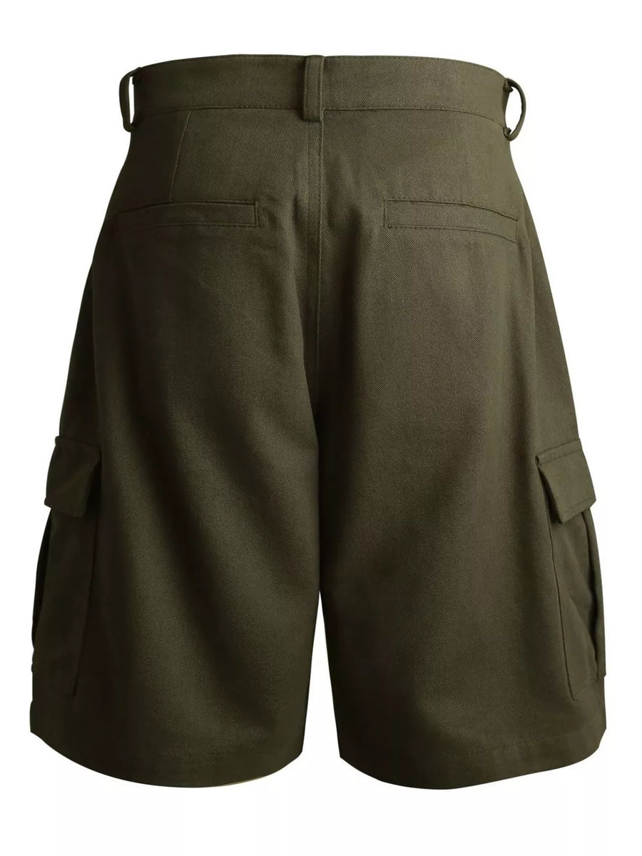 Men's green cargo shorts with button flap pockets and adjustable waist tabs.