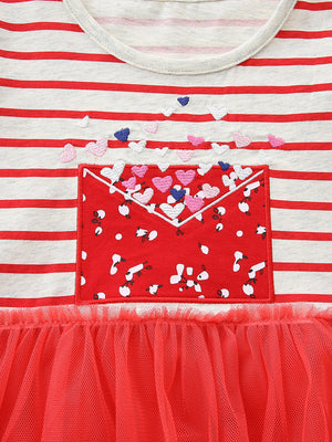 Toddler red and white striped cotton dress with embroidered hearts and a red envelope pocket detail.