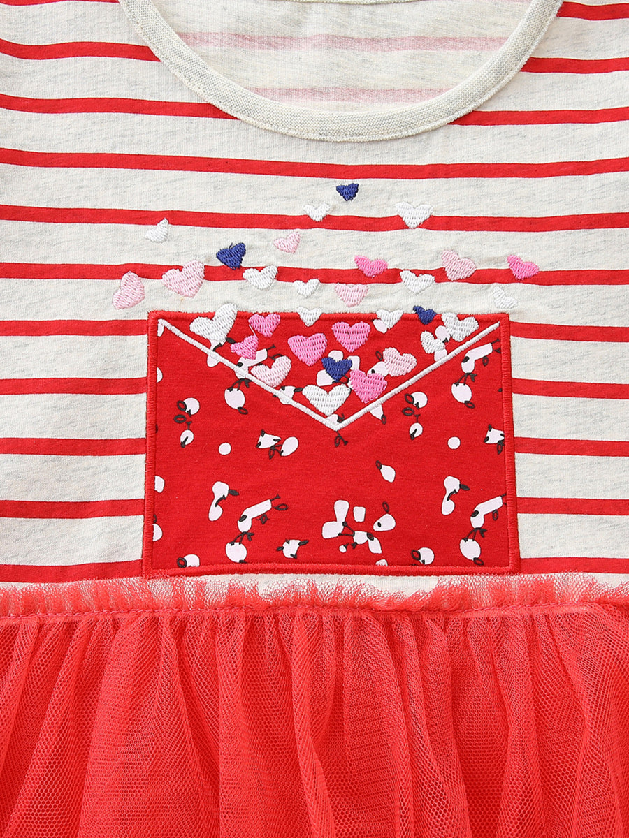 Toddler red and white striped cotton dress with embroidered hearts and a red envelope pocket detail.