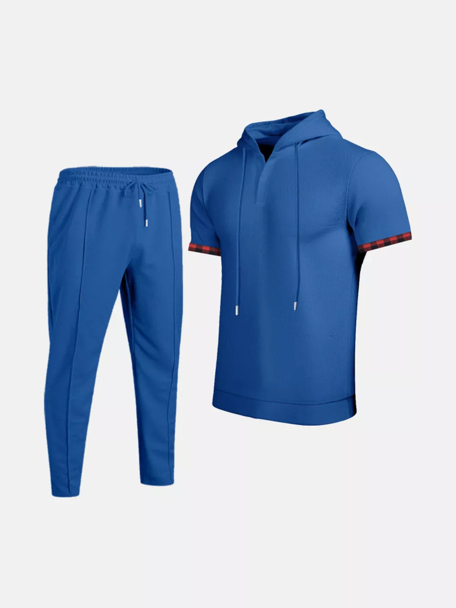 Men's Casual Short-sleeve Hoodie And Pants Set in Blue