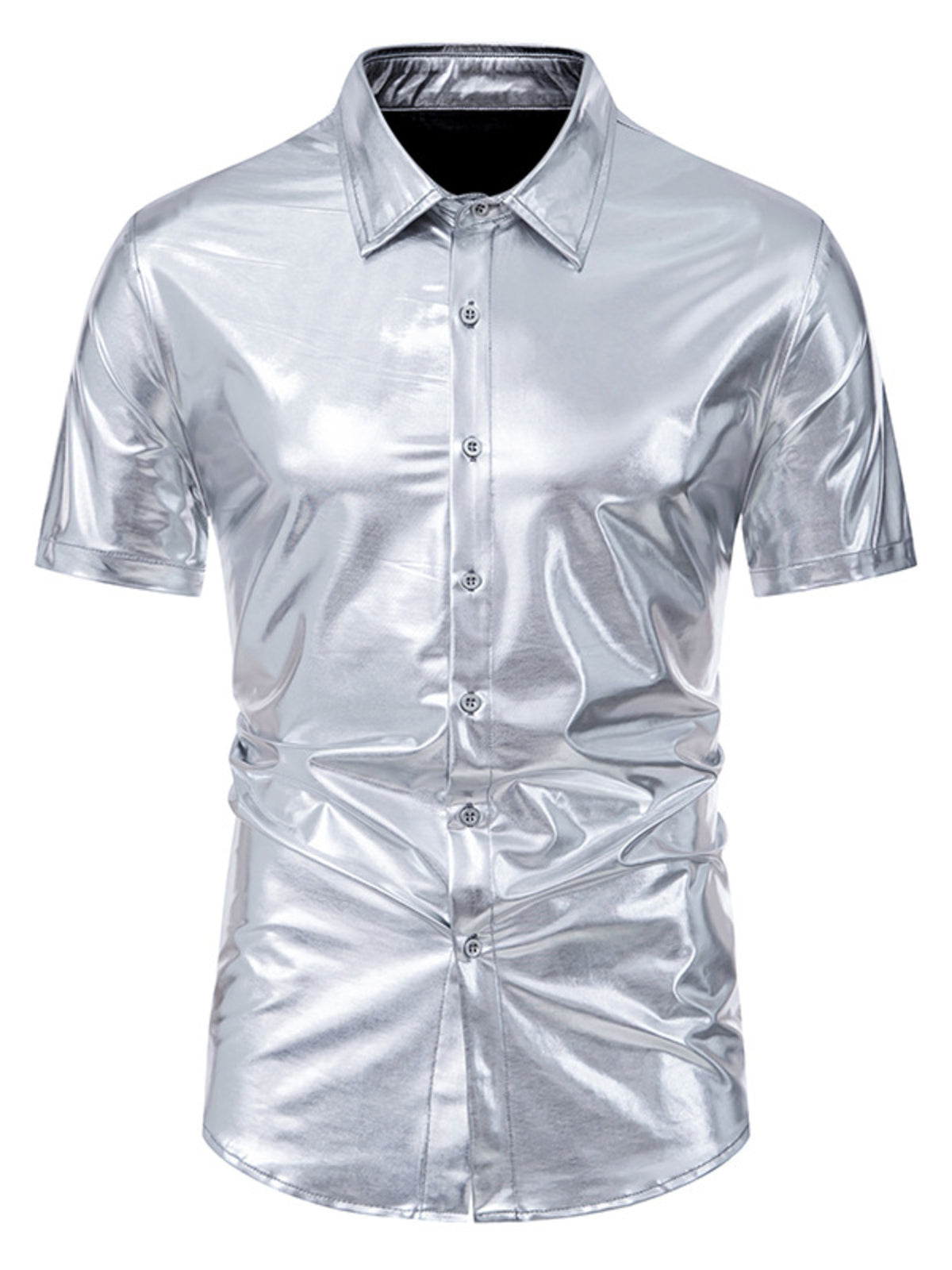 Men's silver metallic finish short sleeve button-up shirt