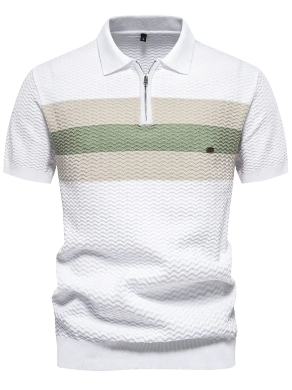 White short sleeve polo with chevron texture and horizontal stripe detail.