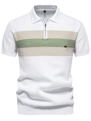 White short sleeve polo with chevron texture and horizontal stripe detail.