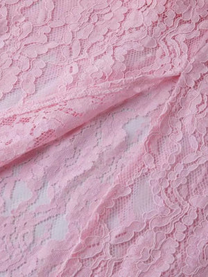 Pink lace midi dress with sheer sleeves and floral pattern detail