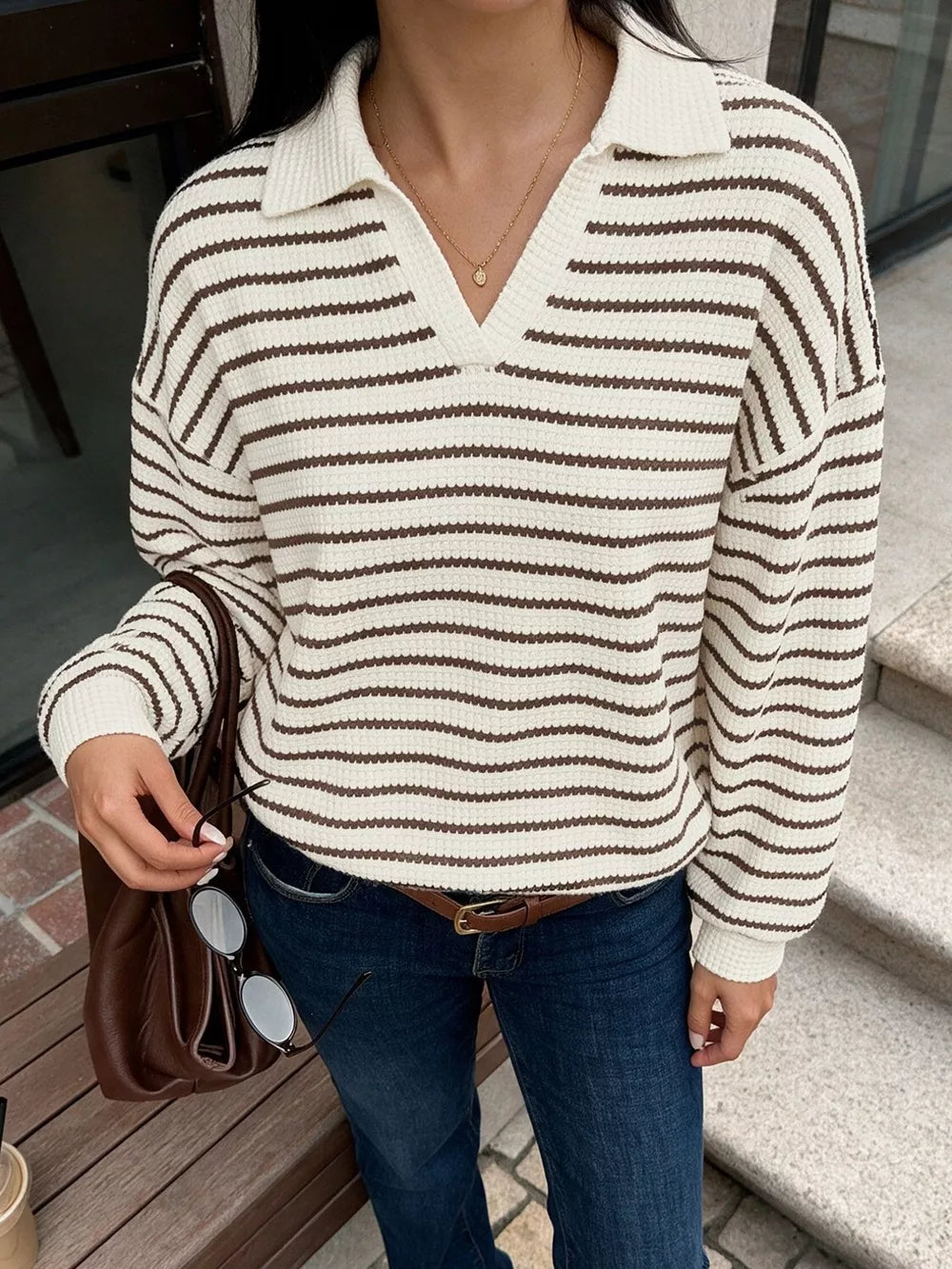 cream pullover sweater with striped and collared