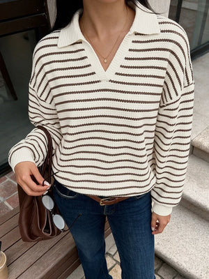 cream pullover sweater with striped and collared