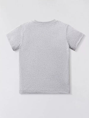 Grey heathered t-shirt with short sleeves and a crew neck.