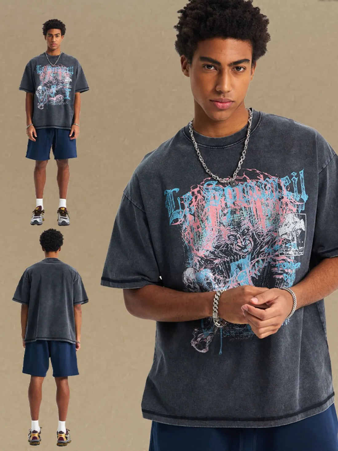 Black acid wash oversized graphic tee with crewneck and short sleeves.