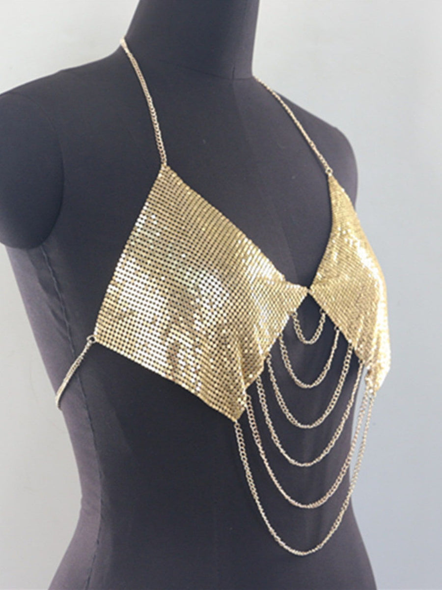 Polyester content is greater than 90% and up to 95% Care instructions: Hand wash halter top in Silver with relaxed silhouette
