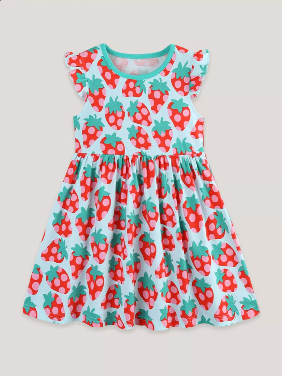 Baby dress with strawberry print, ruffle sleeves, and round neckline.