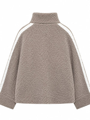 modern sherpa jacket in Reddish Brown with mock neck