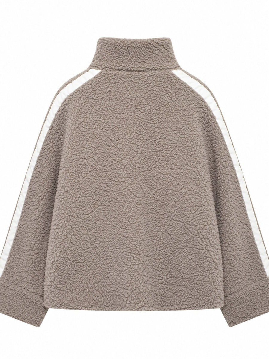 modern sherpa jacket in Reddish Brown with mock neck
