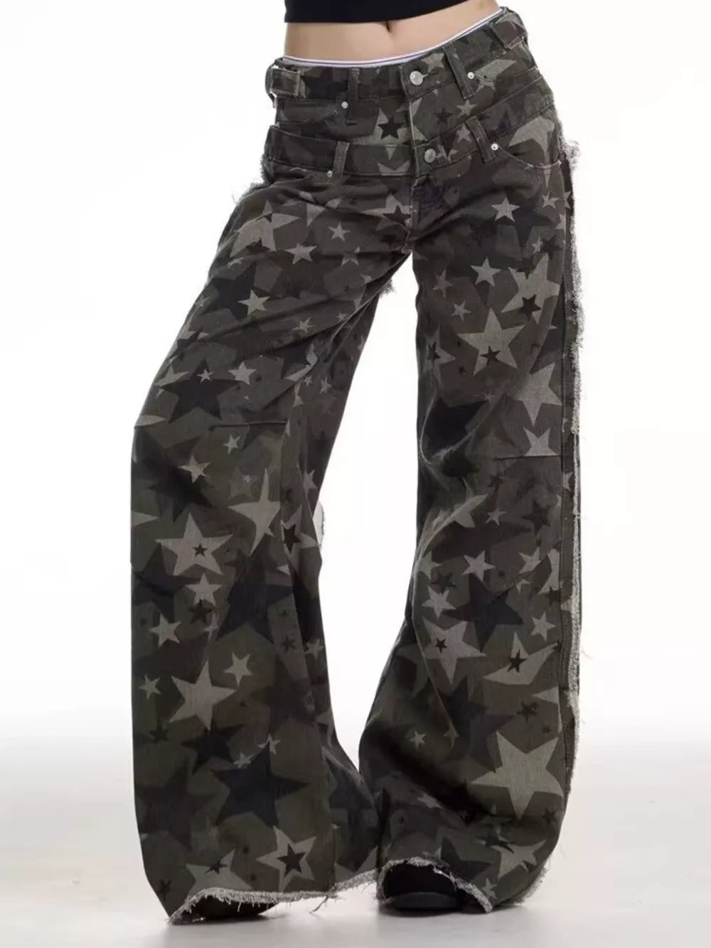 Star-embellished distressed wide-leg jeans in dark grey with a star print and frayed hem.