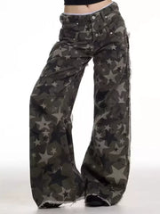 Star-embellished distressed wide-leg jeans in dark grey with a star print and frayed hem.