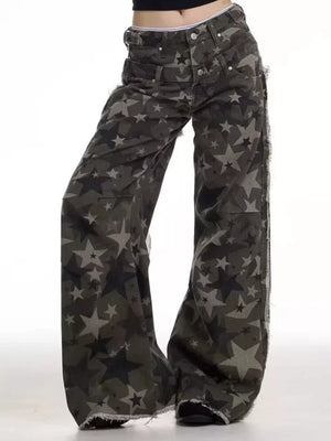 Star-embellished distressed wide-leg jeans in dark grey with a star print and frayed hem.