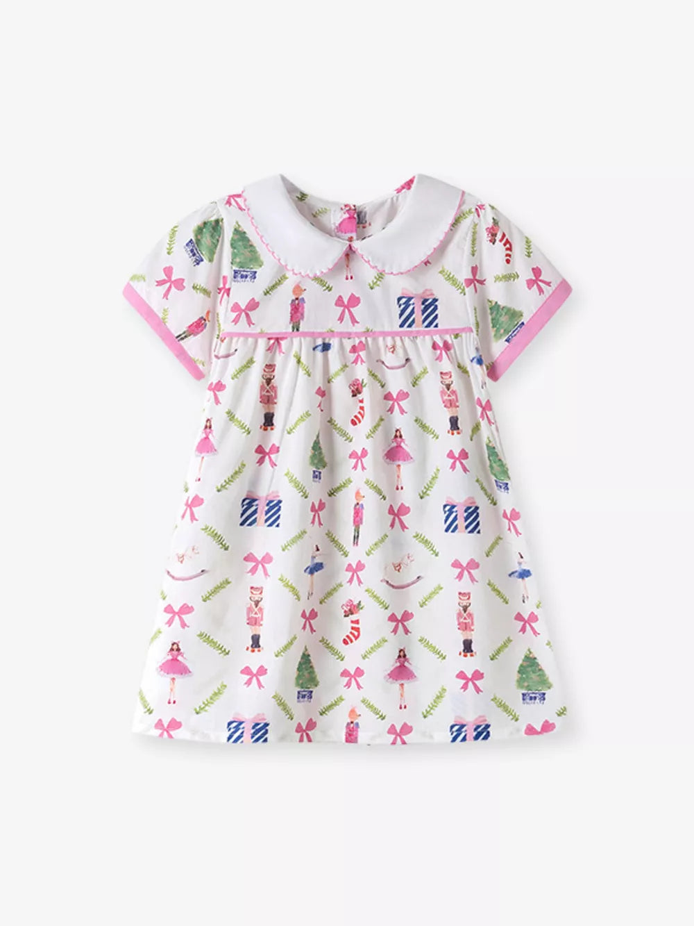 Toddler A-line dress with Peter Pan collar, white cotton with holiday print, pink trim
