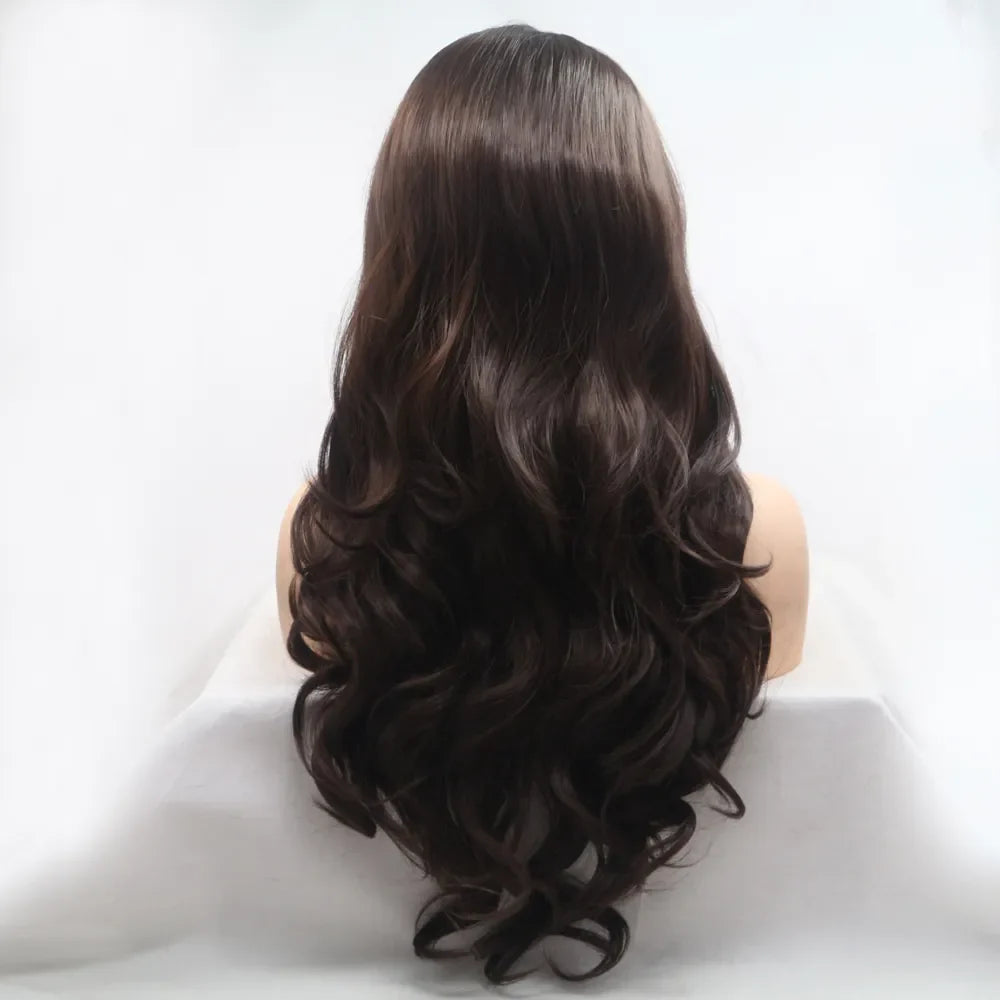 Brown lace front wig with long cascading curls styled down the back.