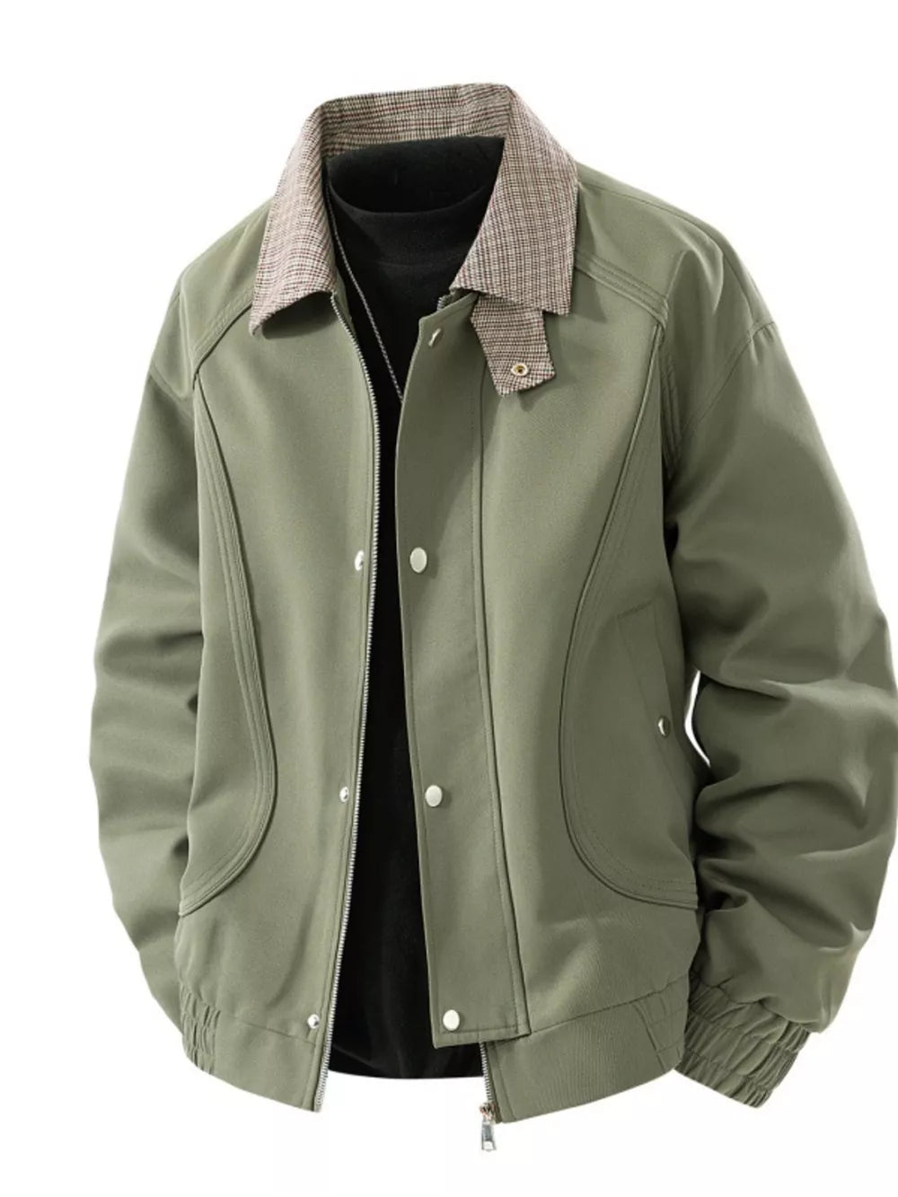 Plaid collar zip-up jacket in army green with button details and elastic cuffs.