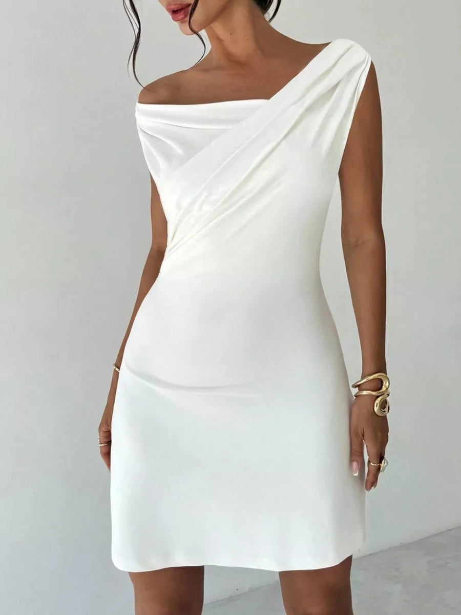 White draped sweetheart off-shoulder mini dress with a flattering fit.