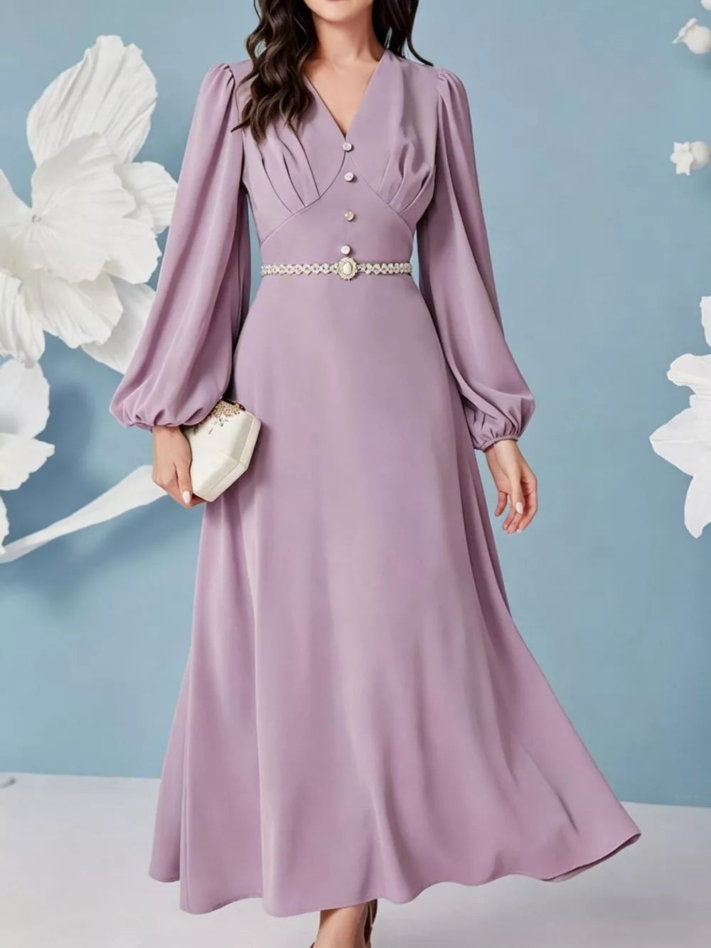 Lavender ruched maxi dress with V-neck, decorative buttons, and balloon sleeves.